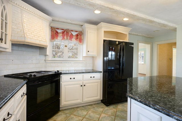 113 Oakwood Pl, Lynchburg, VA 24503 - kitchen with black appliances, decorative backsplash, white cabinetry, dark stone counters, and light tile patterned flooring