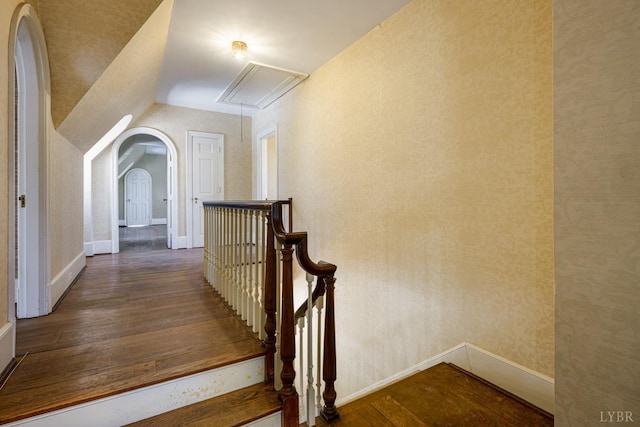 113 Oakwood Pl, Lynchburg, VA 24503 - hall with attic access, dark wood-style flooring, and an upstairs landing