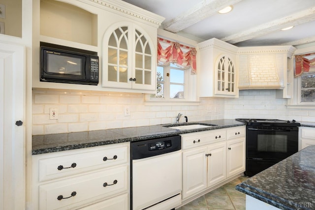 113 Oakwood Pl, Lynchburg, VA 24503 - kitchen featuring black appliances, beamed ceiling, glass insert cabinets, and backsplash