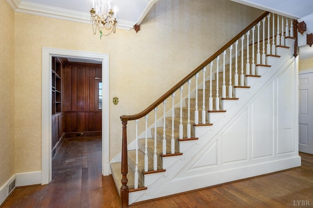 113 Oakwood Pl, Lynchburg, VA 24503 - stairs with a chandelier, hardwood / wood-style floors, and ornamental molding