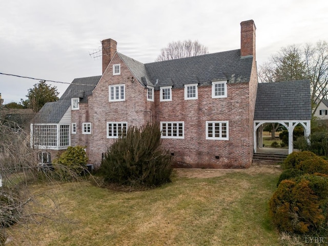 113 Oakwood Pl, Lynchburg, VA 24503 - back of house with a chimney, a high end roof, brick siding, a lawn, and crawl space