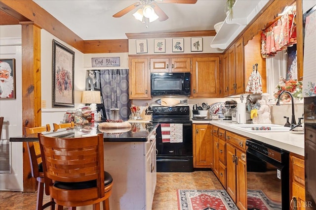 1670 Church St, Appomattox, VA 24522 - kitchen featuring sink, ceiling fan, and black appliances