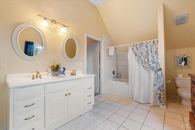 1670 Church St, Appomattox, VA 24522 - full bathroom with lofted ceiling, shower / bath combo, vanity, tile patterned floors, and toilet