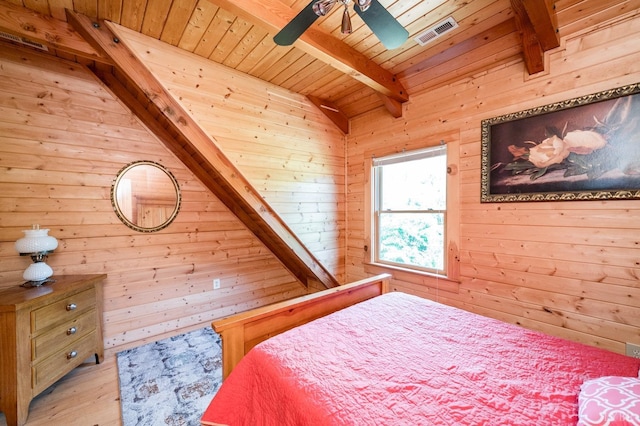 2766 Camden Rd, Big Island, VA 24526 - bedroom with light hardwood / wood-style floors, wooden ceiling, beam ceiling, and wood walls