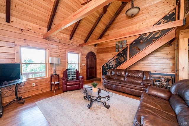 2766 Camden Rd, Big Island, VA 24526 - living room with hardwood / wood-style floors, wooden ceiling, beamed ceiling, and wood walls