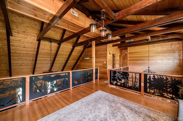 2766 Camden Rd, Big Island, VA 24526 - bonus room with lofted ceiling with beams, hardwood / wood-style floors, wood ceiling, and wood walls