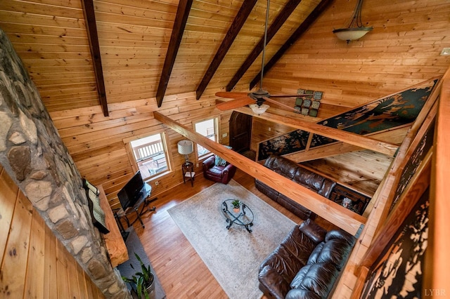 2766 Camden Rd, Big Island, VA 24526 - living room featuring hardwood / wood-style flooring, vaulted ceiling with beams, wooden ceiling, and wood walls