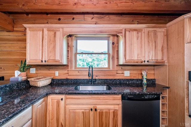 2766 Camden Rd, Big Island, VA 24526 - kitchen with light brown cabinetry, sink, stainless steel dishwasher, wooden walls, and dark stone counters
