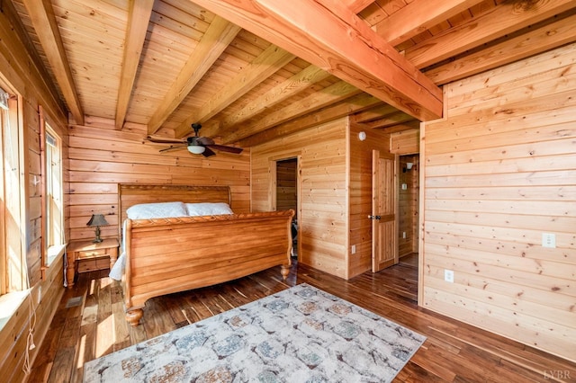 2766 Camden Rd, Big Island, VA 24526 - bedroom featuring beam ceiling, dark wood-type flooring, wooden ceiling, and wood walls