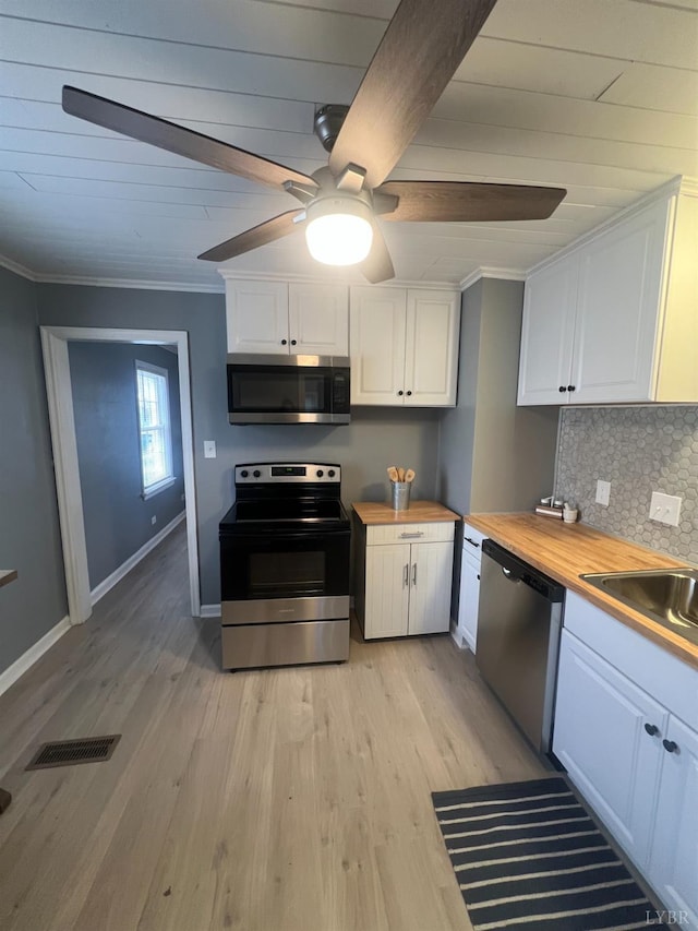 1103 Brandon Rd, Lynchburg, VA 24502 - kitchen with ceiling fan, butcher block counters, appliances with stainless steel finishes, white cabinetry, and light wood-style floors