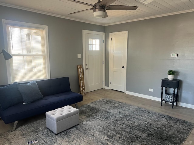 1103 Brandon Rd, Lynchburg, VA 24502 - living area with crown molding, baseboards, wood ceiling, a ceiling fan, and wood finished floors