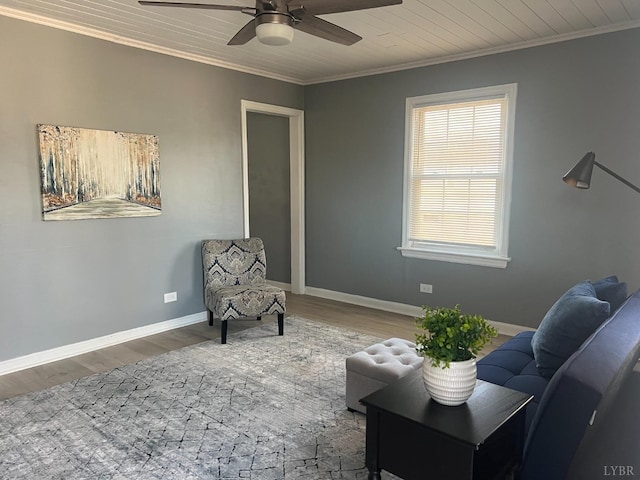 1103 Brandon Rd, Lynchburg, VA 24502 - living area with ornamental molding, baseboards, wood ceiling, ceiling fan, and wood finished floors