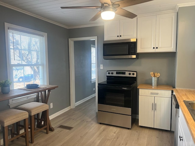 1103 Brandon Rd, Lynchburg, VA 24502 - kitchen with a ceiling fan, white cabinetry, butcher block counters, stainless steel appliances, and ornamental molding