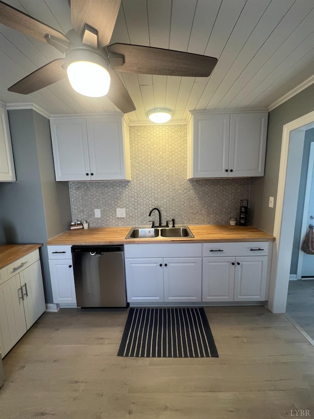 1103 Brandon Rd, Lynchburg, VA 24502 - kitchen with dishwasher, wooden counters, a sink, and ornamental molding