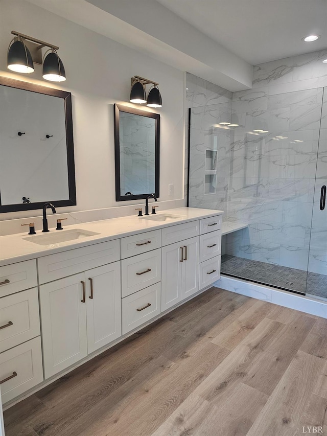 18 Grandset Dr, Forest, VA 24551 - full bath featuring a marble finish shower, wood finished floors, recessed lighting, and double vanity