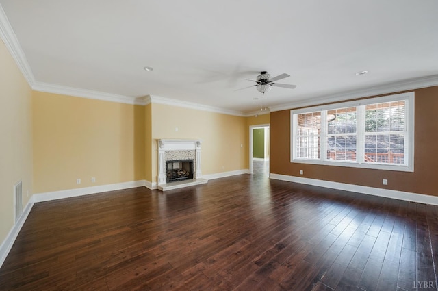 1060 Governors Ln, Forest, VA 24551 - unfurnished living room featuring a ceiling fan, dark wood finished floors, ornamental molding, a fireplace with raised hearth, and baseboards