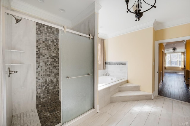 1060 Governors Ln, Forest, VA 24551 - full bathroom featuring a shower stall, crown molding, a garden tub, and wood finished floors