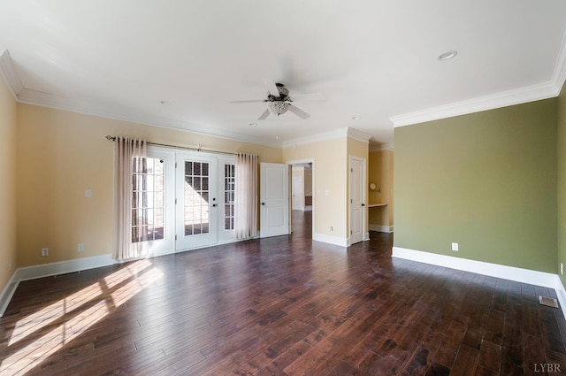 1060 Governors Ln, Forest, VA 24551 - unfurnished living room with ornamental molding, dark wood-type flooring, baseboards, ceiling fan, and french doors