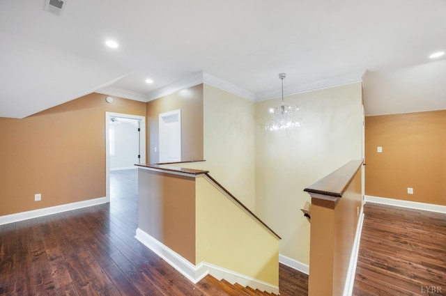1060 Governors Ln, Forest, VA 24551 - corridor with an upstairs landing, dark wood finished floors, a chandelier, baseboards, and ornamental molding