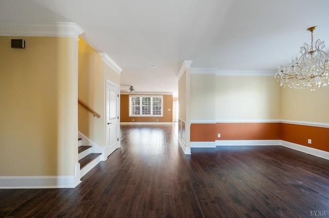 1060 Governors Ln, Forest, VA 24551 - spare room featuring stairway, dark wood-style floors, ornamental molding, a chandelier, and baseboards