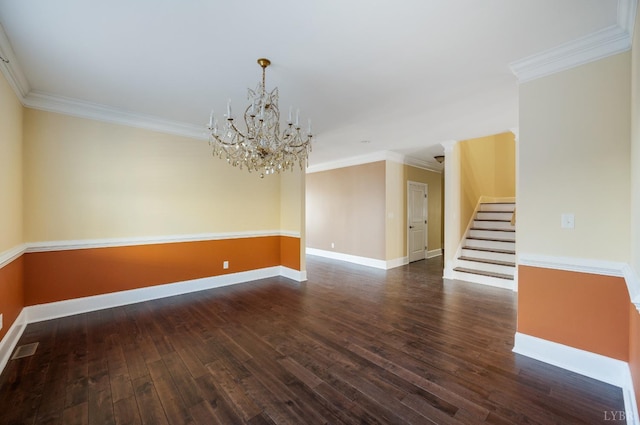 1060 Governors Ln, Forest, VA 24551 - empty room featuring stairs, dark wood finished floors, baseboards, a chandelier, and ornamental molding