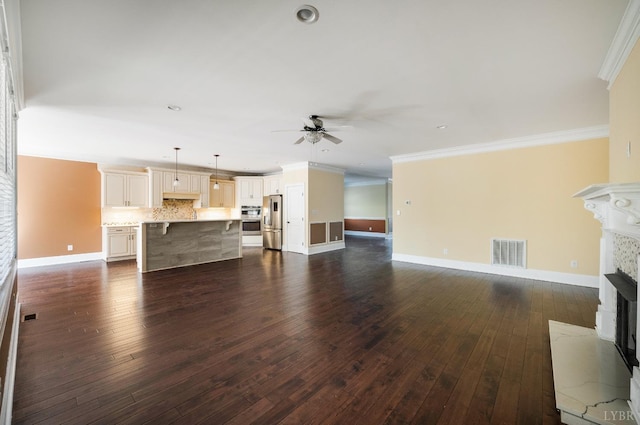 1060 Governors Ln, Forest, VA 24551 - unfurnished living room featuring a fireplace with flush hearth, ceiling fan, crown molding, dark wood-style flooring, and baseboards