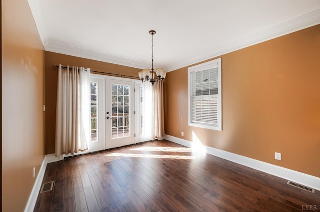 1060 Governors Ln, Forest, VA 24551 - empty room with ornamental molding, a chandelier, baseboards, and dark wood-style floors