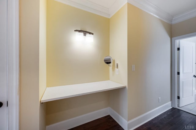1060 Governors Ln, Forest, VA 24551 - hall with crown molding, dark wood-style floors, baseboards, and a desk