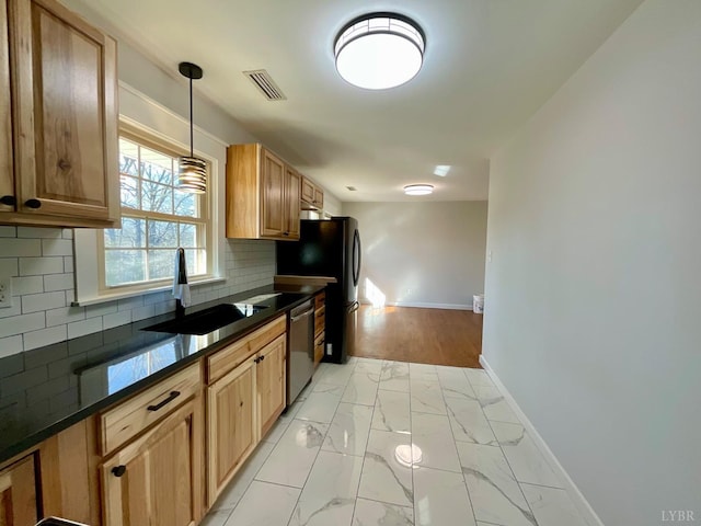 143 Lake Dr, Amherst, VA 24521 - kitchen with a sink, stainless steel dishwasher, dark countertops, baseboards, and tasteful backsplash