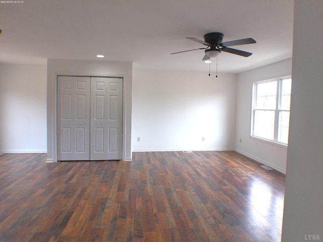 192 Main St, Madison Heights, VA 24572 - unfurnished bedroom featuring recessed lighting, dark wood-style flooring, baseboards, ceiling fan, and a closet