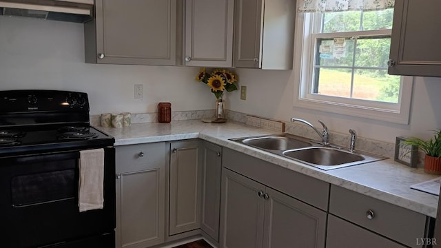 192 Main St, Madison Heights, VA 24572 - kitchen with black range with electric stovetop, exhaust hood, gray cabinets, a sink, and light countertops