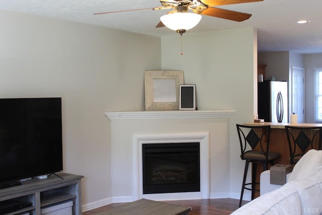 224 Duncraig Dr, Lynchburg, VA 24502 - living area with a fireplace, wood finished floors, ceiling fan, baseboards, and recessed lighting
