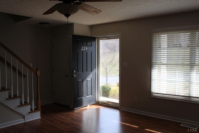224 Duncraig Dr, Lynchburg, VA 24502 - entryway featuring ceiling fan, wood finished floors, stairway, and baseboards