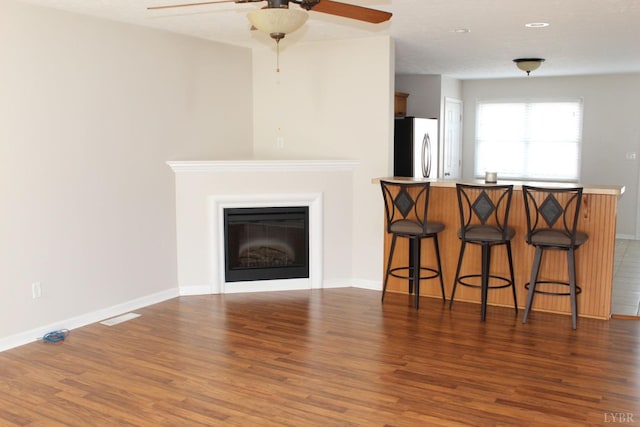 224 Duncraig Dr, Lynchburg, VA 24502 - living room featuring wood finished floors, a ceiling fan, baseboards, and a glass covered fireplace