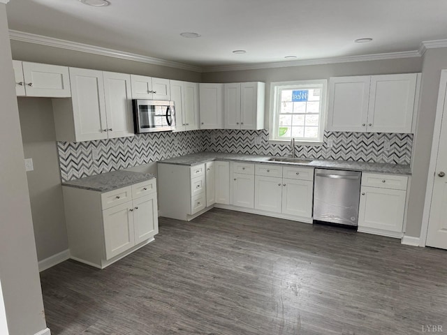 19 Cedar Bluff Ln, Hardy, VA 24101 - kitchen featuring stainless steel appliances, white cabinets, dark wood-style flooring, decorative backsplash, and ornamental molding