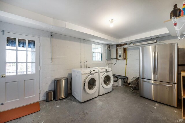 3756 Woodside Ave, Lynchburg, VA 24503 - laundry room with washing machine and dryer, electric panel, and concrete block wall