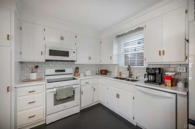 3756 Woodside Ave, Lynchburg, VA 24503 - kitchen with white appliances, a sink, ornamental molding, tasteful backsplash, and light countertops