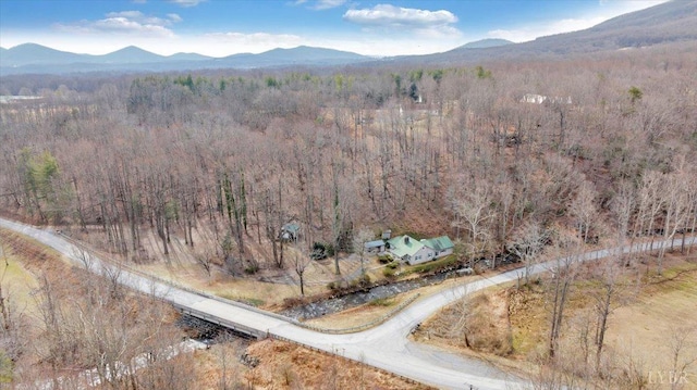 view of mountain background featuring a heavily wooded area