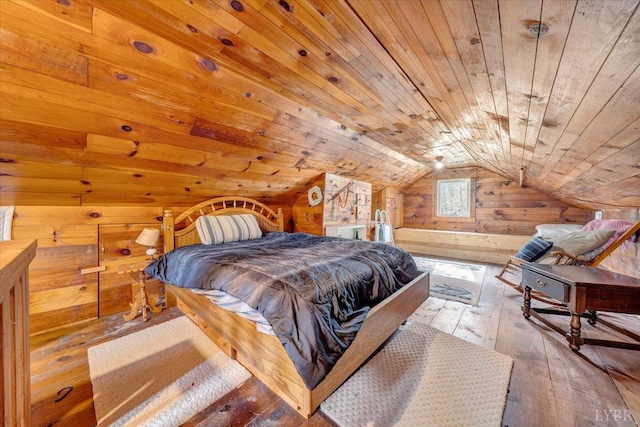 bedroom featuring wood ceiling, wooden walls, vaulted ceiling, and wood-type flooring