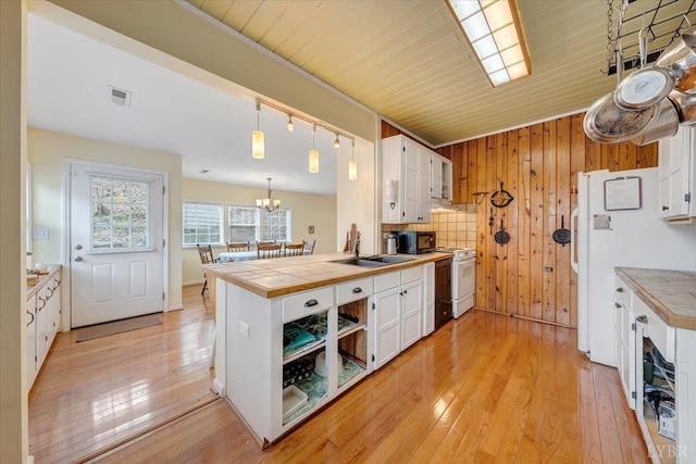 kitchen featuring white range oven, white cabinets, tile countertops, a sink, and wooden walls