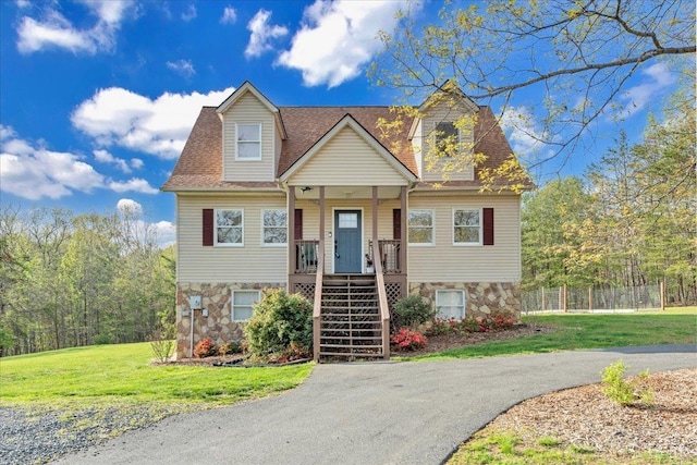 268 Leftwich Rd, Madison Heights, VA 24572 - new england style home featuring stone siding, stairs, and covered porch
