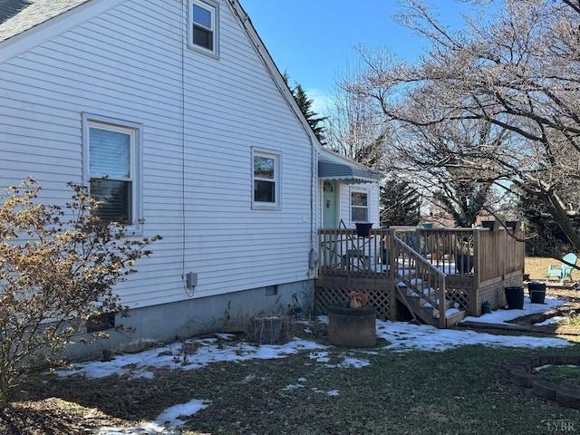 101 Mountain View Dr, Lynchburg, VA 24502 - view of snowy exterior with crawl space, a wooden deck, and a shingled roof