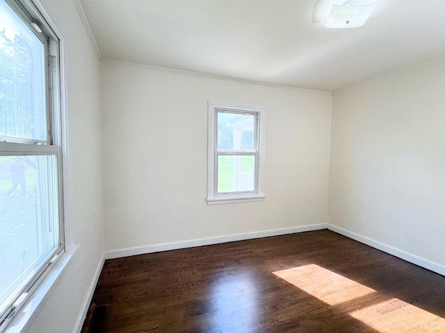 unfurnished room featuring ornamental molding, baseboards, and wood finished floors