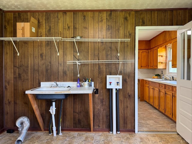 interior space with wooden walls, a sink, hookup for a washing machine, and cabinet space