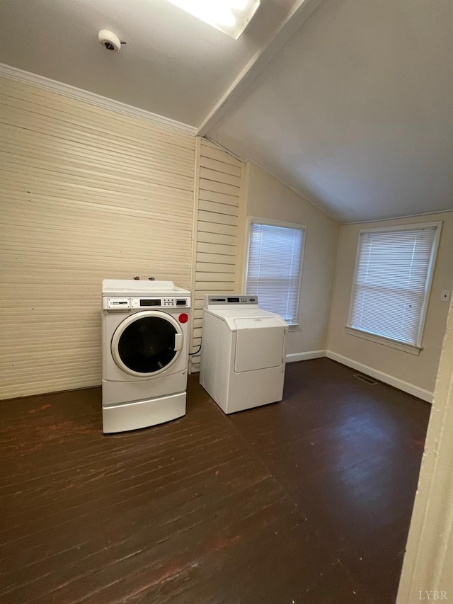 307 Stafford St, Lynchburg, VA 24501 - washroom featuring washer and clothes dryer, laundry area, dark wood finished floors, baseboards, and visible vents