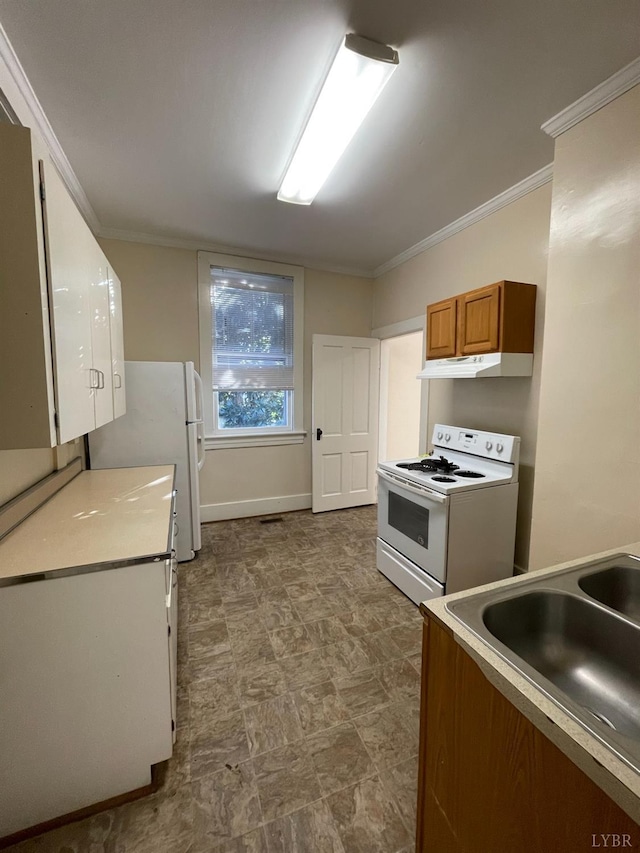 307 Stafford St, Lynchburg, VA 24501 - kitchen featuring a sink, brown cabinets, ornamental molding, white appliances, and under cabinet range hood