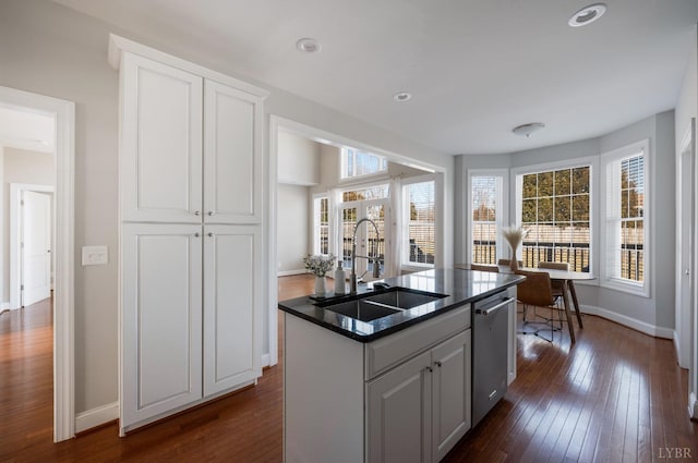 4802 Old Boonsboro Rd, Lynchburg, VA 24503 - kitchen with stainless steel dishwasher, a sink, baseboards, dark wood-style flooring, and dark countertops