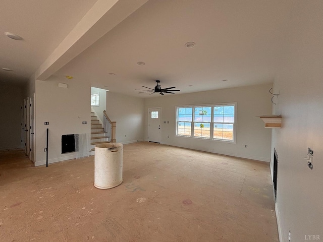 3 Live Oak Dr, Forest, VA 24551 - unfurnished living room featuring stairway, ceiling fan, a fireplace, and baseboards