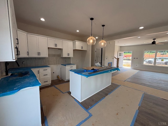 3 Live Oak Dr, Forest, VA 24551 - kitchen featuring recessed lighting, white cabinetry, a center island, tasteful backsplash, and ceiling fan