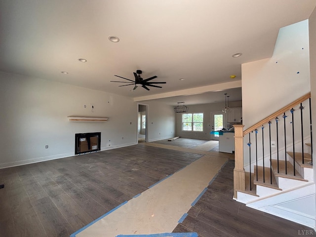 3 Live Oak Dr, Forest, VA 24551 - unfurnished living room featuring wood finished floors, ceiling fan, stairway, recessed lighting, and a glass covered fireplace